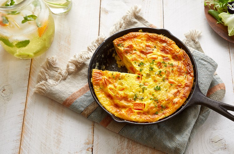 JUST Egg frittata in a skillet with one piece missing