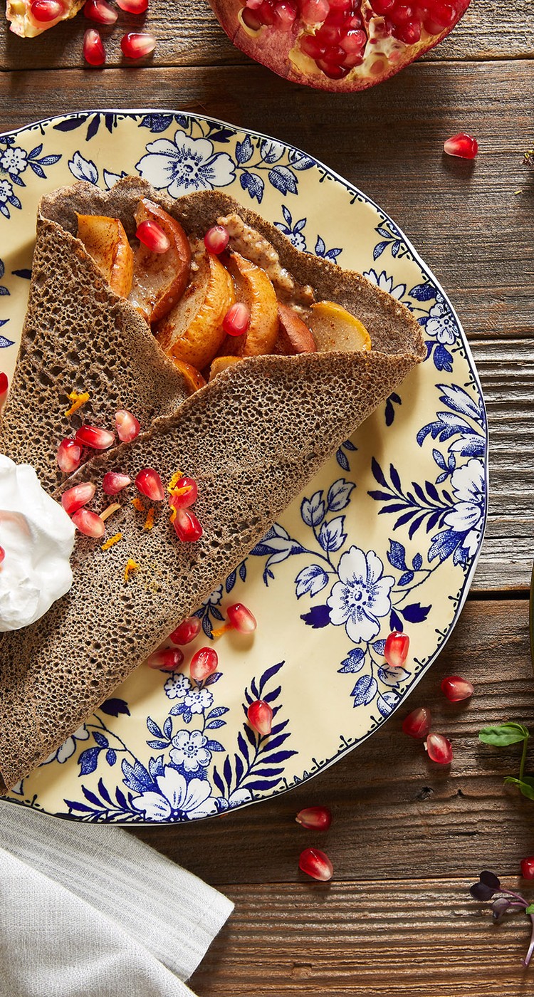 JUST Egg buckwheat crêpes on two colorful plates
